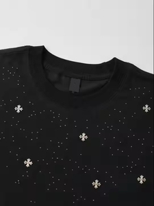 T-shirt noir personnalisé avec logo en strass, tee-shirt orné de cristaux brillants, style hip-hop, streetwear, t-shirts oversize, toutes saisons - Product Image 5