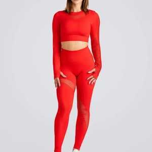 Conjunto de Yoga Rojo de 2 Piezas, Leggings de Cintura Alta, Top Corto sin Mangas, Detalle de Malla, Sin Costuras, Spandex/Nylon, Transpirable por Delante - Product Image 1