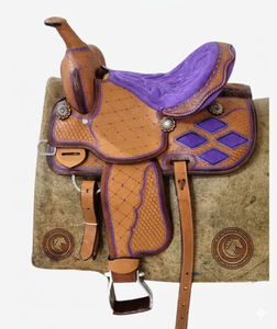Selle de barrel racing western en cuir, faite à la main, équipement d'équitation de créateur, durable, confortable, produit très vendu - Product Image 2