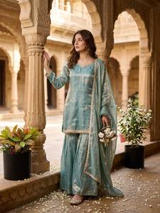 Conjunto de Kurta Sharara Plazzo de Seda Fendy Bordado en Verde Mar para Mujer, con Dupatta, Completamente Cosido, Traje Étnico para Fiestas y Bodas - Product Image 3