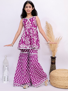 Girls Sleeveless <b>Indian</b> Pakistani Set Printed Chiffon <b>Top</b> and Palazzo Pants Formal Party Outfit - Product Image 3