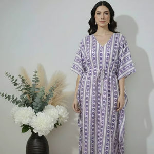 Kaftans élégants imprimés à la main pour femmes, en voile de coton doux, robe décontractée, vêtements de nuit ODM, coupe droite, grande taille, en promotion - Product Image 1