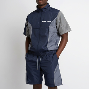 Nouvel arrivage 2025 – Ensemble de survêtement streetwear 100 % nylon, coupe régulière, coupe-vent et léger, avec veste zippée et short color block pour la gym - Product Image 4
