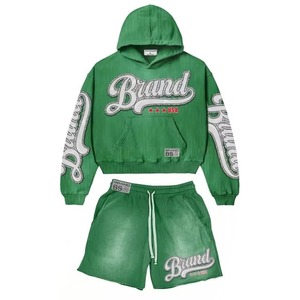Ensemble survêtement rose à capuche zippé et short noir, imprimé pailleté, logo BRNOSTD, streetwear unisexe adulte, printemps, décontracté - Product Image 6