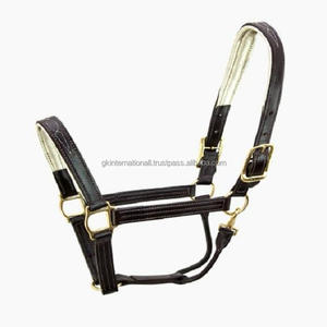 Licol de cheval en cuir véritable à double pli triple couture avec coutures fantaisie et rembourrage blanc en laiton massif - Product Image 2