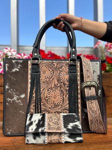 Sac fourre-tout en fourrure de vachette de style occidental de haute qualité Ensemble combo pochette avec logo personnalisé Nouveau design imprimé floral usiné à la main - Product Image 2