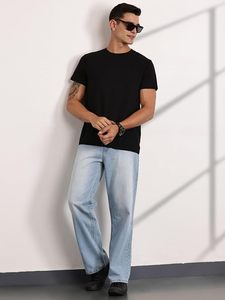 Jean en denim délavé coupe large pour homme, taille mi-haute, coupe ample, style vintage décontracté, couleur bleue, résistant à la décoloration, 100 % coton - Product Image 4