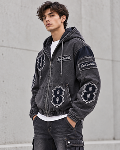 Sam Tactical <b>Men's</b> Hooded Denim Jacket Zipper Streetwear Applique <b>Badge</b> Loose Fit Washed <b>Black</b> Frayed Patch <b>Badge</b> Design - Product Image 3