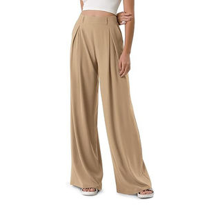 Pantalones Anchos Plisados de Cintura Alta para Mujer, Crepé, Color Sólido, Corte Holgado, Largos, Casuales, de Primavera - Product Image 1