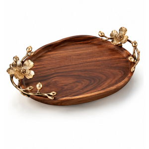 Bandeja de Servir Rectangular de Madera de Mango Hecha a Mano al por Mayor con Asas de Latón de Lujo con Hojas de Ginkgo Doradas, Bandeja Decorativa Ecológica - Product Image 5