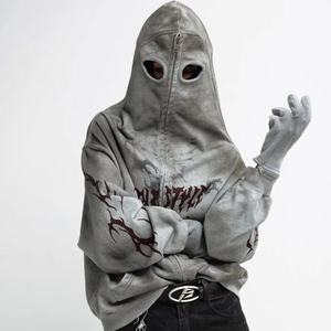 Oversized <b>Gothic</b> Vintage Hoodie Full Face Cover Sun Fade Sulphur Acid Washed Fleece Custom Print Casual Knitted Mask <b>Jacket</b> - Product Image 3