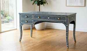 Table console artisanale en os incrusté, motif géométrique traditionnel, meuble rectangulaire en bois, décoration de bureau, utilisation intérieure - Product Image 2