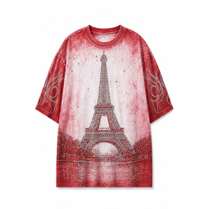 เสื้อยืดวินเทจผู้ชายลายพิมพ์หอไอเฟลประดับเพชรด้านหน้าและด้านหลัง แขนเสื้อแต่งรู ดีไซน์ขาดๆ ทรงโอเวอร์ไซส์ สไตล์สตรีทแวร์ - Product Image 2