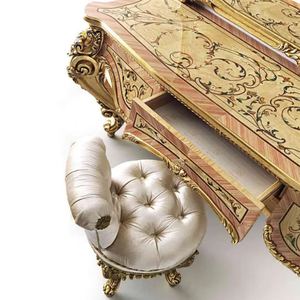 Juego de tocador clásico de alta gama con espejo, de madera maciza de caoba, con incrustaciones doradas, estilo francés, de lujo, para villas y hoteles. - Product Image 4