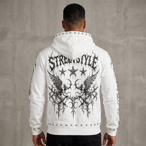 Sudadera con capucha personalizada blanca con gráfico gótico, cremallera, tachuelas, estilo Y2K, streetwear, oversize, estampado de ángel punk, de tejido grueso - Product Image 6
