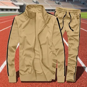 Men's Khaki Color Blocking Tracksuit Set Stand Collar Zip Up Jacket Drawstring Pants Sporty Two <b>Piece</b> - Product Image 6