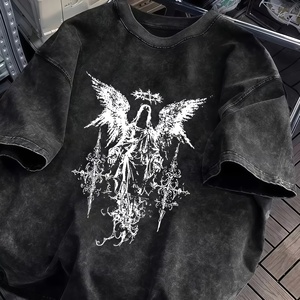 T-shirt en coton noir surdimensionné à col en V et manches mi-longues pour homme, coupe classique, logo frontal, tricoté, respirant, séchage rapide, streetwear décontracté - Product Image 5