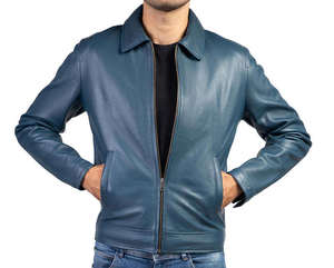 Custom Men Teal Blue Genuine Sheepskin Leather <b>Jacket</b> Classic Shirt Collar Full Zip Casual Coat QASWA SPORTS Streetwear Winter - Product Image 1