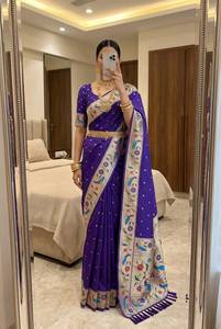 Sari en soie Pethani vert doux avec bordure florale paon et pallu tissé Meenakari, sari de mariage ethnique traditionnel pour femme - Product Image 5
