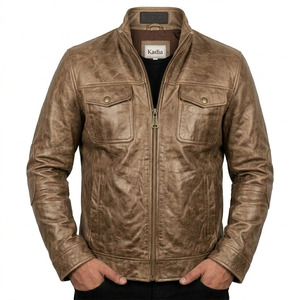 Chaqueta de Cuero Genuino Personalizada Kadia para Hombre, Chaqueta de Motociclista de Cuero Vacuno Beige Desgastado, Corte Ajustado, Cuello Alto, con Bolsillos - Product Image 1