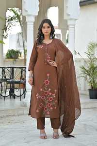 Traditional <b>Indian</b> Women's Brown Cotton Embroidery Knee-Length Quick Dry <b>Kurta</b> with Pant and Dupatta Loose Fit Diwali Wear - Product Image 4