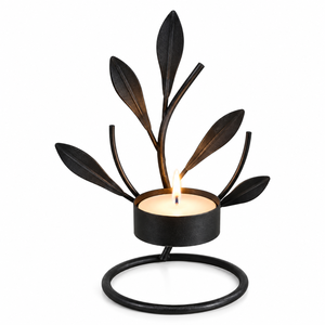 Nature Inspired Black Metal Candle Holder | Decorative <b>Leaf</b> Tea <b>Light</b> Stand for Living Room Dining Table Home Decor Gift Accent - Product Image 1