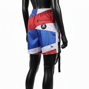 Shorts cortavientos de poliéster taslan premium, azules, con paneles de malla laterales, correa cargo, parche bordado, logotipo personalizado, shorts para mujer - Product Image 3