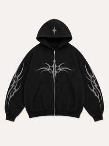 Sudadera con Capucha y Cierre de Cremallera, con Logotipo Personalizado, Lavado Ácido, Color Negro Vintage, Diseño Geométrico, Algodón 350g, Invierno, Bolsillo Frontal, Corte Regular, para Hombre - Product Image 1