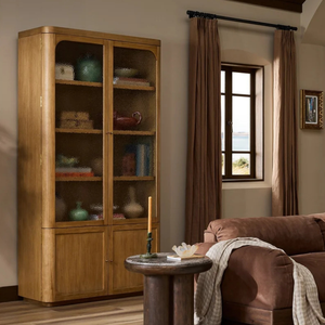 <b>Modern</b> Wood Bookcase with Glass Doors 4 <b>Shelves</b> Storage Cabinet Living Room Furniture Midcentury Design - Product Image 6