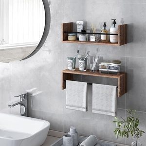 Étagère murale flottante en bois brun rustique avec support en métal noir, étagère murale décorative moderne pour la décoration du salon - Product Image 5