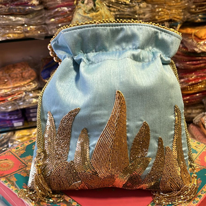 Handmade <b>Blue</b> Silk Potli Purse with Gold Embroidery Leaf Pattern and Pearl Tassels <b>for</b> <b>Wedding</b> Decoration Stylish <b>Bags</b> <b>For</b> Women - Product Image 3