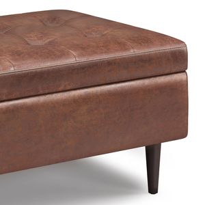 Tavolino da Caffè Shay Mid-Century in Pelle Marrone Invecchiata con Contenitore, Pouf e Sgabello Piccolo - Product Image 5
