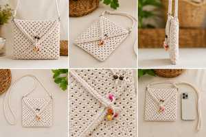 Bolso de Mano Boho de Macramé y Crochet, con Flecos y Cuentas, Bolso de Hombro Hecho a Mano, Tipo Saddle, para Mujer - Product Image 4