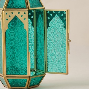 Signature <b>Gold</b> Metal Moroccan <b>Lantern</b> with Teal Embossed Glass Decorative Candle Holder for Ramadan Home Table Decor - Product Image 4