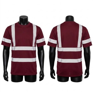 T-shirt de travail en coton premium / fibre de bambou 220 GSM, ruban réfléchissant bordeaux, col rond, uniforme de sécurité haute visibilité, anti-UV - Product Image 1