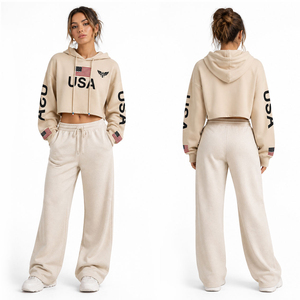 <b>Women</b> Cropped <b>Hoodie</b> USA Flag Print Beige Pullover Sweatshirt <b>Long</b> Sleeve Casual Streetwear Crop Top <b>Hoodie</b> - Product Image 2