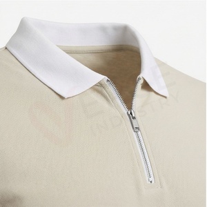 Polo à manches courtes beige pour homme avec col zippé, design uni tricoté décontracté, coupe régulière, respirant, 100% coton - Product Image 4