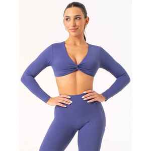 Haut court torsadé à manches longues et col en V pour femme, couleur unie, respirant, coupe régulière, idéal pour le sport - Product Image 1