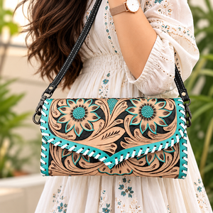 Cartera de Cuero Genuino Color Turquesa para Mujer, Cartera con Grabado a Mano, Estuche para Teléfono, Elegante y Multiusos, Gran Venta - Product Image 1