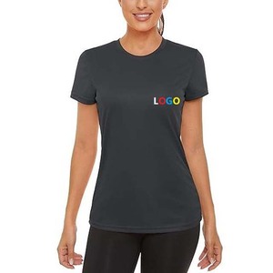 Camiseta de Manga Corta para Mujer, Color Gris Oscuro, Cuello Redondo, con Estampado de Logotipo Colorido, Tejido Jersey de Secado Rápido, Corte Casual, para Primavera/Verano - Product Image 1
