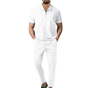 High Quality Two Piece Casual Men Suit Summer Loose Solid Cotton <b>Linen</b> Fabric Hooded Short Sleeve T Shirt and Long Pants <b>Set</b> - Product Image 2
