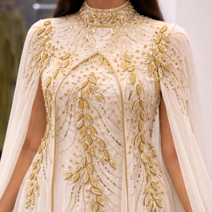 White Bridal Turkish Kaftan Detachable Cape | Hand-Embellished Gold <b>Beaded</b> Wedding Gown | Premium Heavy Embroidery Anti-static - Product Image 2