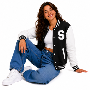 Beige White Wool Windproof Varsity Jacket Embroidered Letter B Preppy Style Regular Fit Turn-down Collar <b>Covered</b> <b>Button</b> Unisex - Product Image 5