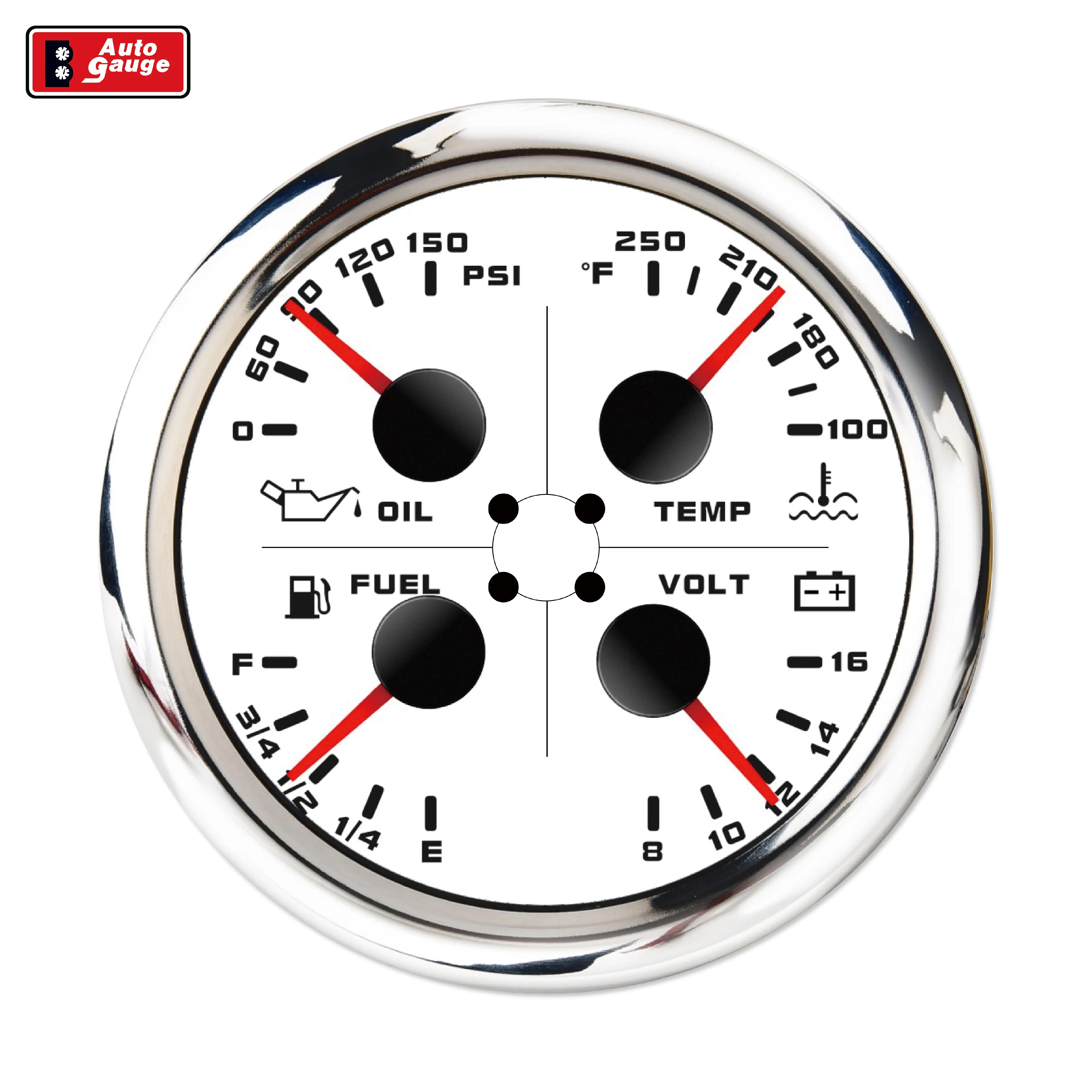 Meteran otomatis elektrik 85mm 3 3/8 inci 4in1 pelat wajah putih fungsi peringatan tekanan minyak temperatur air tingkat bahan bakar Volt mobil laut