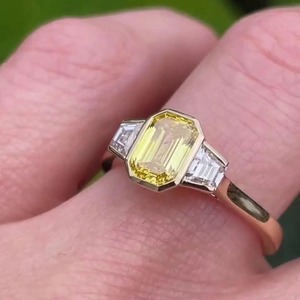 3ct Fancy Yellow Diamond Three Stone Bezel <b>Set</b> 14K White <b>Gold</b> Engagement <b>Ring</b> IGI Certified VS+ Clarity for Women - Product Image 4