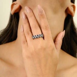 18K Gold Natural Cluster Sapphire and <b>Diamond</b> Half Eternity Wedding Band for Women - Product Image 3