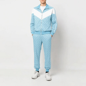 Ensemble de survêtement pour homme, couleur violette, blocs de couleurs, veste zippée à col montant, imprimé intégral, tenue sportive deux pièces - Product Image 6