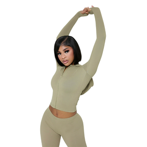 Ensemble crop top zippé à capuche vert olive pour femme, taille haute, manches longues, couleur unie, gaine amincissante ventre plat, tenue de yoga et de sport - Product Image 3