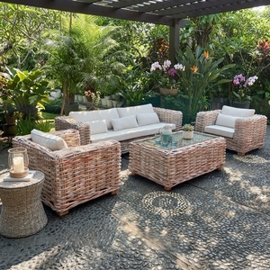 Handcrafted outdoor wicker rattan patio sofa set cushioned sofa armchairs coffee table furniture lounge setup product item - Product Image 2