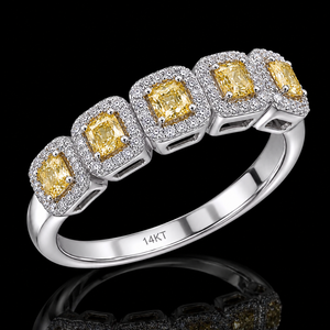 Bague éternité en or blanc 14 carats avec halo et diamant jaune fantaisie taille coussin pour femme - Product Image 1